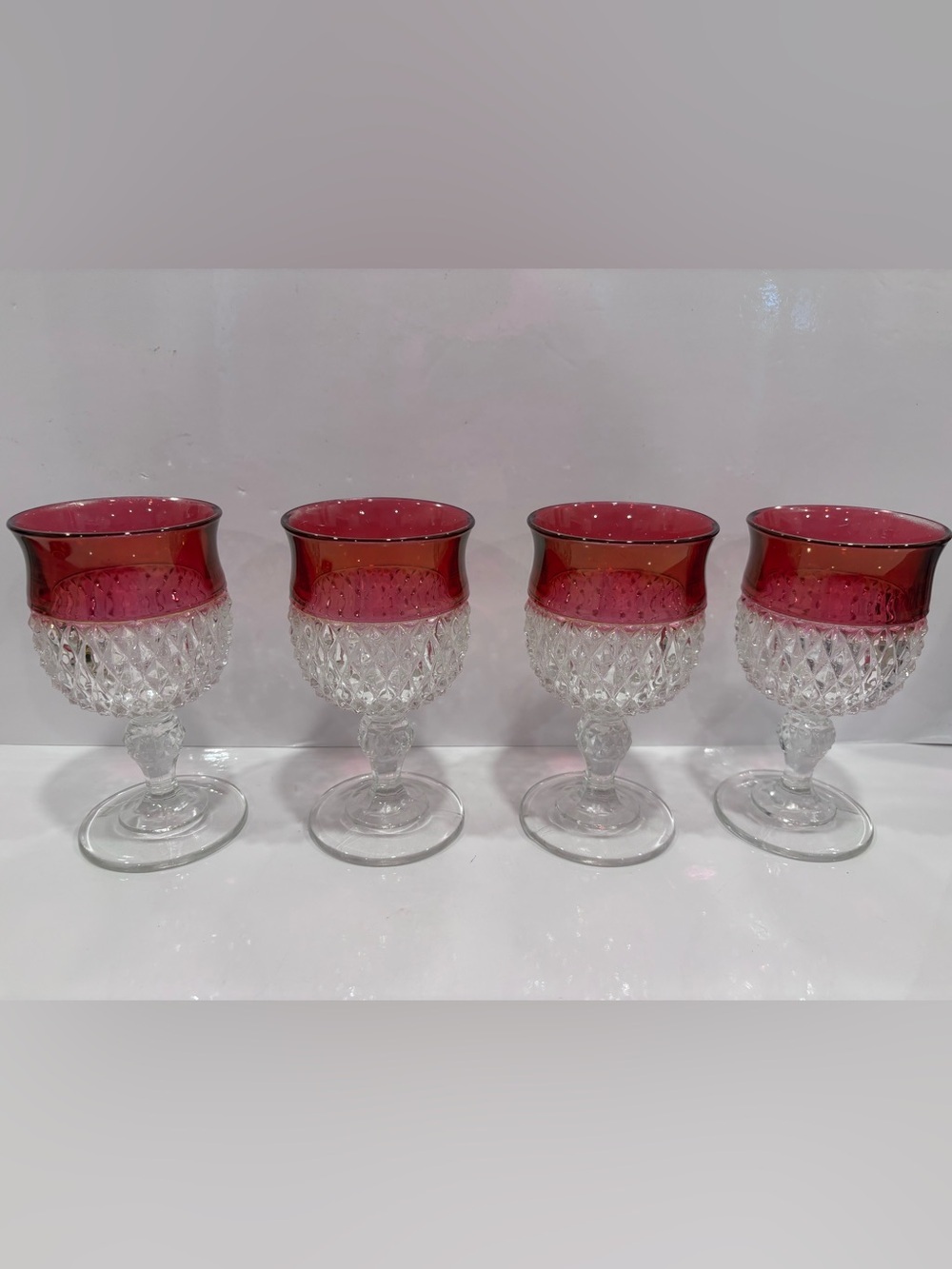 Set of 4 vintage ruby iridescent pressed glass wine goblets diamond pattern 6.5”